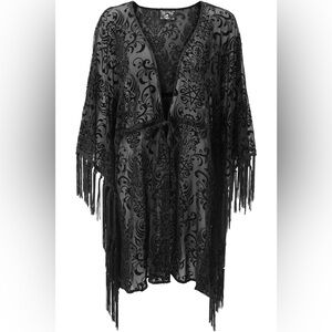 Killstar Bloodlust caftan/kimono, black velvet burnout with tassels on hem, 3/4X